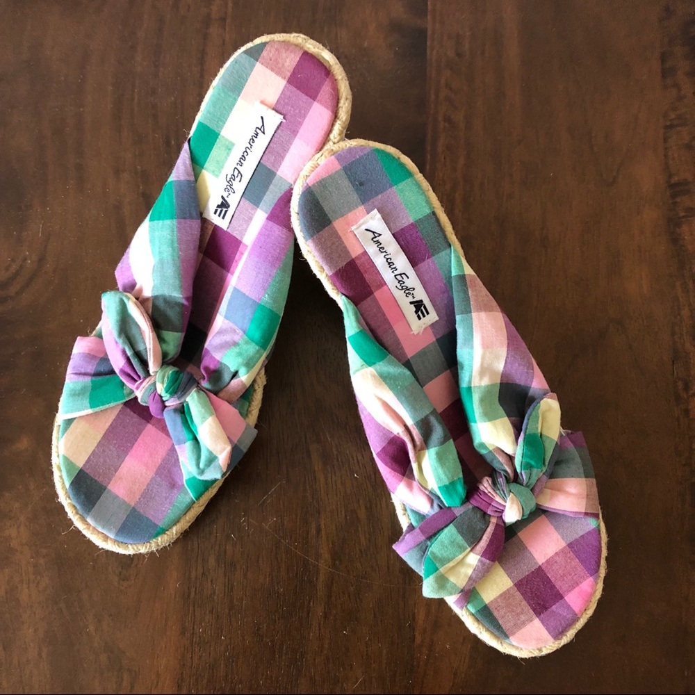 American Eagle Colorful Plaid Fabric Bow Wedges